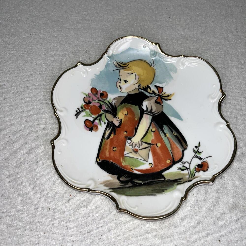Enesco girl with letter/flowers plate/gold trim/Japan vintage